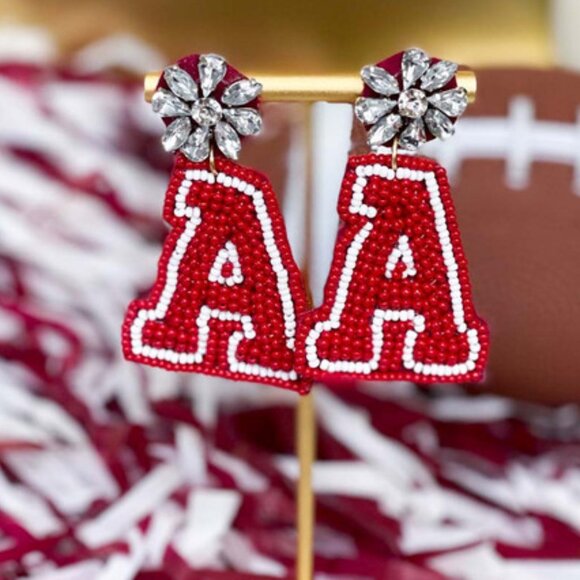 ALABAMA Roll Tide Letter A Crystal Topped Seed Beaded Football Team Earrings - Picture 1 of 2